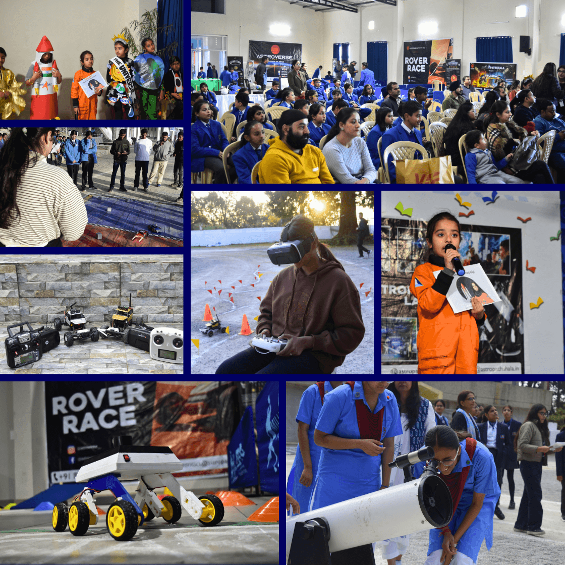 Students presenting space technology exhibition models