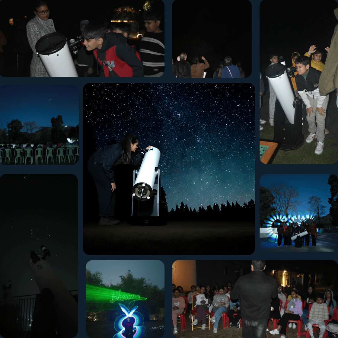 People observing the night sky through a telescope